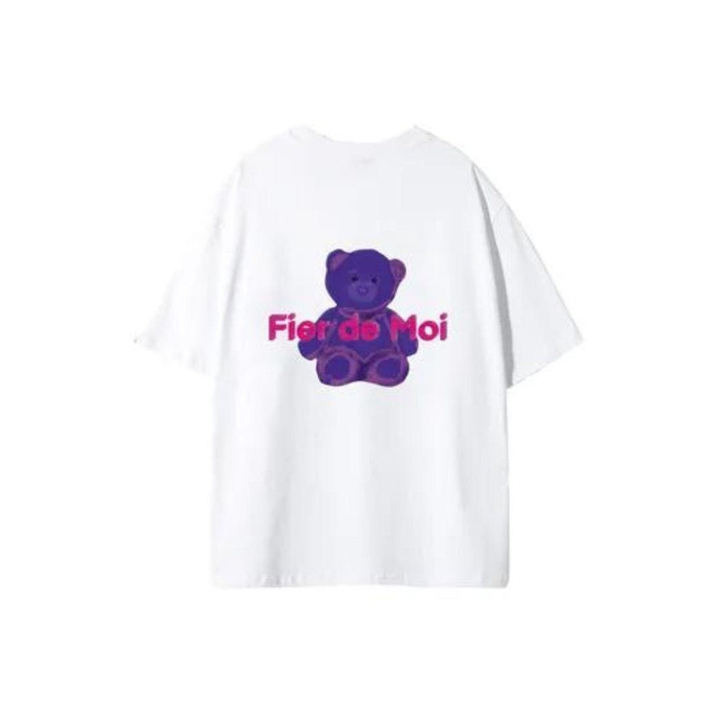 Fier de moi purple bear white tee